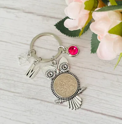 £4.99 • Buy Lucky Sixpence Happy Birthday Gift OWL Keyring Age,Birthstone & Initial Charm