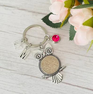 Lucky Sixpence Happy Birthday Gift OWL Keyring AgeBirthstone & Initial Charm • £4.99