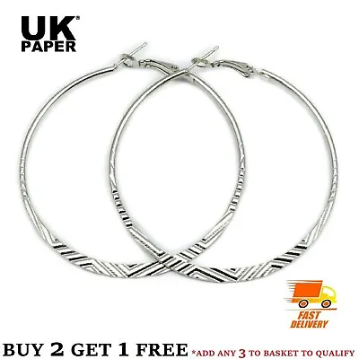 £2.39 • Buy Uk Hot Silver Tone Large Hoop Earrings Ladies Top 6cm Posh Shiny Hoops Free Gift