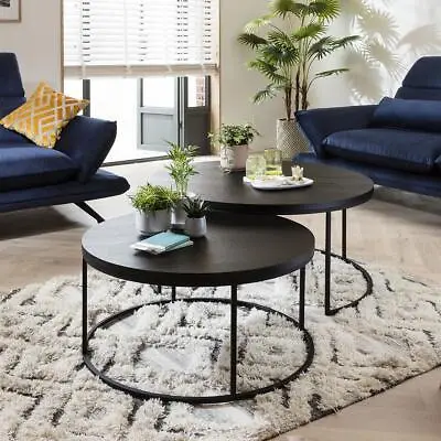 Quatropi Round Nesting Coffee Table 2-Piece Black Oak - Black Metal Base • £534.75