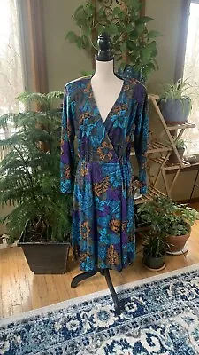 Vintage Claudine Bueche Poly/cottton Wrap Dress. Size Large. Teal/Orange Floral • $5