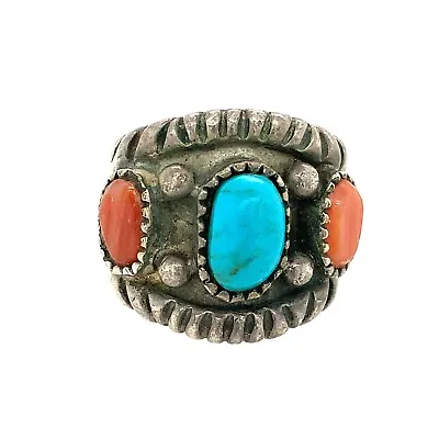 Vintage Southwestern Turquoise Coral Sterling Silver Ring - Size 6 • $39.95