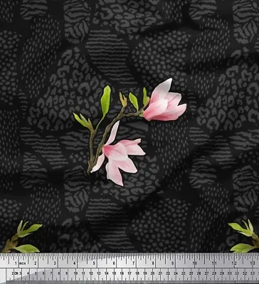 Soimoi Cotton Poplin Fabric Animal Skin|Leaves & Pink Flower Print-rXR • $9
