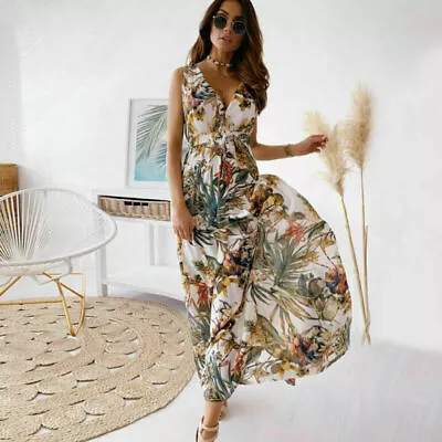 Womens Floral Boho Long Maxi Dress Ladies Summer V Neck Holiday Dresses Sundress • £14.09