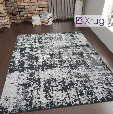 Grey Black Rug Modern Abstract 100% Cotton Washable Large Small Living Room Mat • £14.99