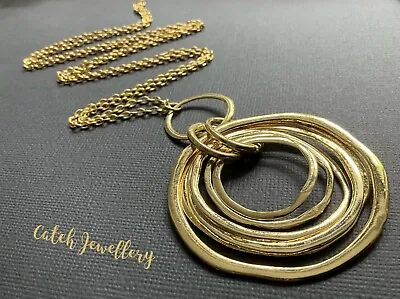 Long GOLD CHAIN Necklace With Huge STATEMENT Circles Pendant Lagenlook Alloy • £4.89