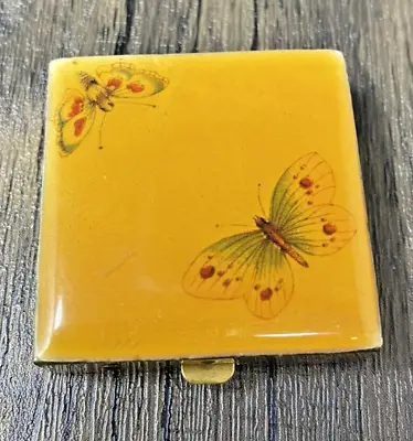 VINTAGE BUTTERFLY Enamel Square Hinged Pill Box W/ Plastic Pill Divider • $9.99