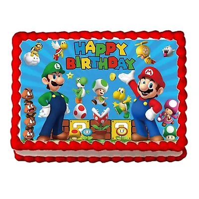 Mario Bros Inspired A4 Edible Icing Happy Birthday Cake Topper Decoration • £6