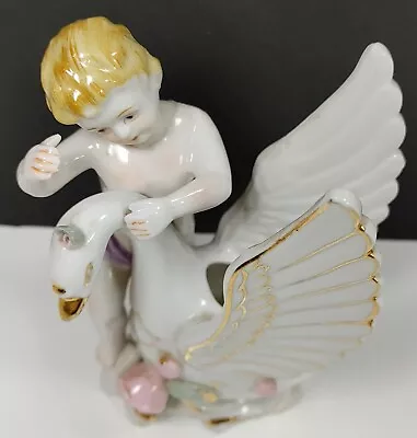 Ucagco Multicolor Ceramic Angel With Swan Flower Vase Figurine Sz 3x2 1/2x5 1/4  • $9.13