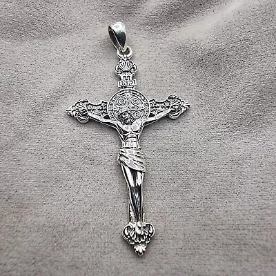 925 Sterling Silver Religious St. Benedict Cross Jesus Pendant Crucifix • $59.59