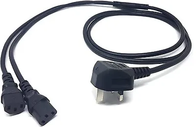 IEC Female (x2) Sockets To UK Mains Plug Y Splitter 2m Cable Black • £11.97