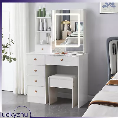 Dressing Table With LED Lighted Sliding Mirror Set Makeup Desk Vanity Stool UK • £164.80