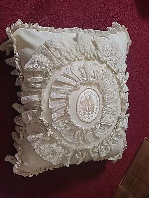 Vintage Lace Ruffle Throw Pillow Victorian Boudoir Shabby Chic IVORY Embroidered • $21