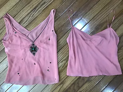 Megan Park 2 Piece Camisole Top Pink Sleeveless Silk And Beaded Jewel Tank  Sz 1 • $26.95