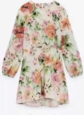 ZARA Floral Linen Blend Short Dress Long Sleeves Open Back Size Large 12 14 • £7.99
