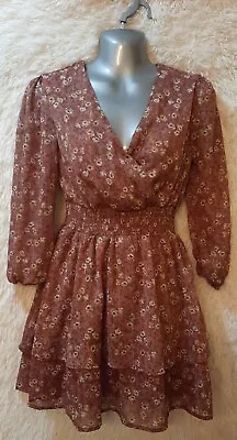 Mimi Chica  Casual Ruffled Semi Sheer Sleeve Dress - Size Small - Maroon/pink • $11