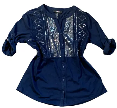 $29 • Buy Style & Co Petite Med Blue Roll Tab Button Front BOHO Sequin Embroidered Top 61P
