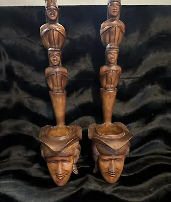Vintage Pair Carved Wooden Mayan Face Man Wall Pocket Planter Hanging Tiki Totem • £47.68