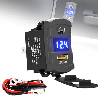 36W USB/Type-C+PD Boat/Car Charger Socket Blue LED Voltmeter Rocker Switch • $13.98