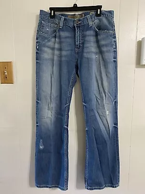 VTG Buckle Jeans 34X31.5 Blue Derek Denim Thick Stitch Bootcut Mens Distressed • $33.99