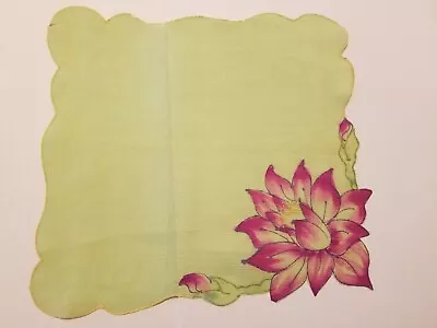 Vintage Women's Chiffon Hankie Chartreuse With Pink Flower Scalloped Edge  • $6.99