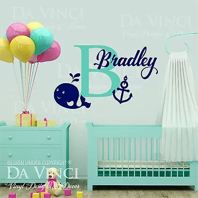 Custom Name Wall Decal Sticker Monogram Vinyl Whale Nautical Baby Room Nursery • $21.99