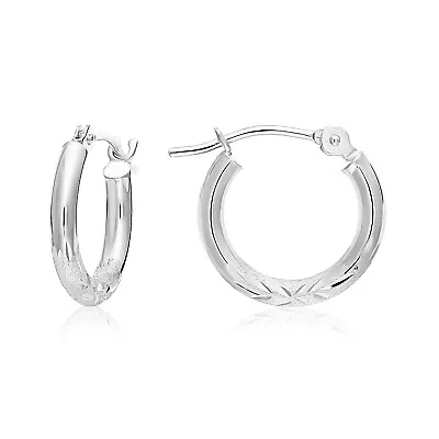 14K Real Solid Gold Hand Engraved Floral Diamond-Cut Small Hoop Earrings 13mm • $66.30