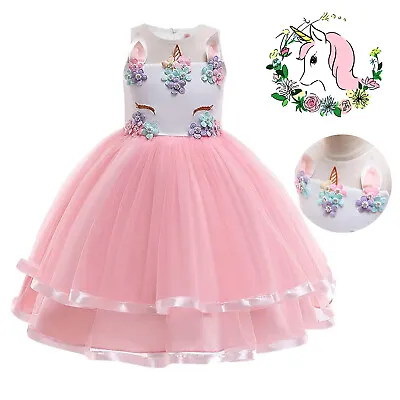 Girls Princess Dress Unicorn Birthday Party Wedding Bridesmaid Costume Kids Gift • £10.82