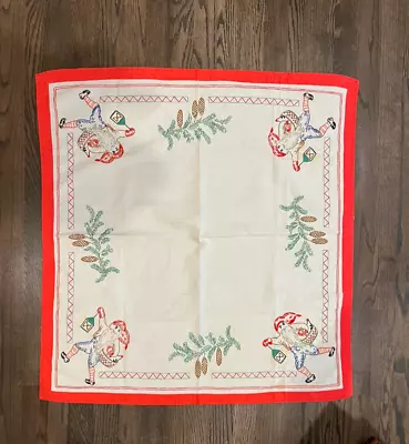 Vintage Swedish/German ALL Embroidered Christmas Tablecloth 45x45 Santa Lantern • $95