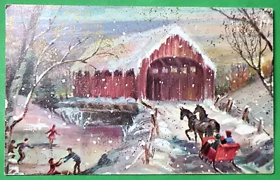 Winter Snow Horse Drawn  Sleigh Wooden Covered Bridge Artwork Ice Skating 1968 • $7.19