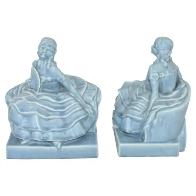 Rookwood Art Pottery 1938 Vintage Blue Colonial Women Ceramic Bookends 6252 • $193.18