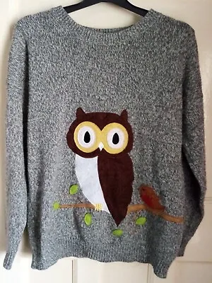£8.99 • Buy Jumper Grey Owl & Robin Birds Motive Atmosphere Size 8 Womans Pre Loved