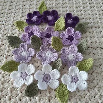  Crochet Flowers & Leaves Lilac Lavender Purple Embellishment Applique Patches  • £8.50