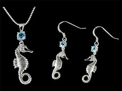 Genuine Blue Topaz Silver 925 Hawaiian Seahorse Pendant Earrings Set • $57.59
