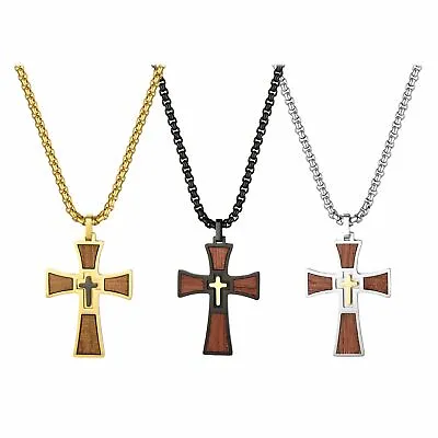 Men's Stainless Steel Wood Wooden Cross Pendant Chain Prayer Necklace Religious • $27.54