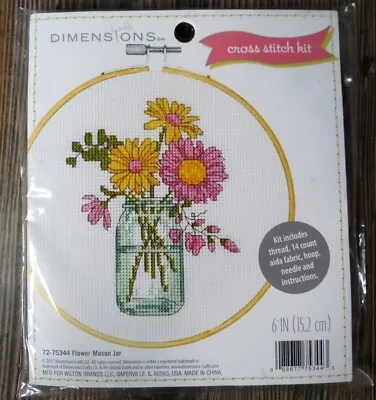 DIMENSIONS Counted Cross Stitch Kit Floral Mason Jar 6  Inch Round [72-75344] • $9.94