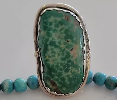 OLD PAWN Vintage Cool GREEN Natural BIG Turquoise In STERLING Navajo Ring SZ 11 • $31.11