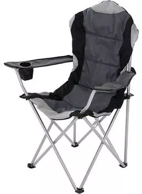 Heavy Duty Padded High Backrest Folding Camping Chair With Cup Holder Grey • £20.39