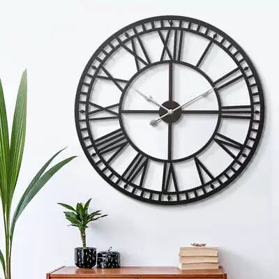 Artiss 80CM Large Wall Clock Roman Numerals Round Metal Luxury Home Decor Black • $58.98