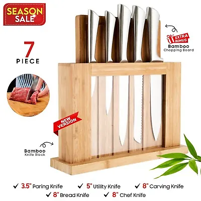 7PC Stainless Steel Kitchen Chef Knife Carving Knife Block Set With Bamboo Board • $69.09