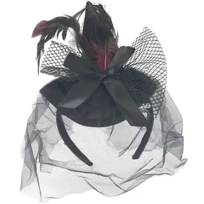 Black Mini Witch Hat Headband With Attached Veil With Feathers And Faux Diamonds • $13.99