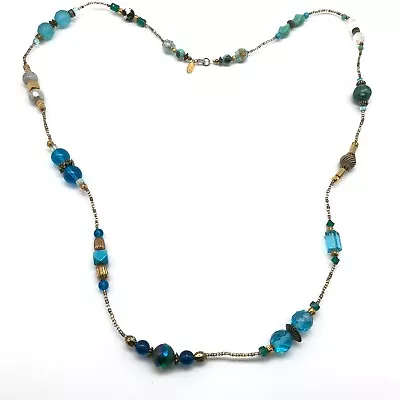 Dabby Reid Signed Vintage Blue Green Glass Beaded Long Statement Necklace 36  • $29.99