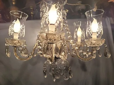 Vtg 5 Arm Chandelier Hanging Ceiling Light Etched Clear Glass Shades Prisms • $199.99