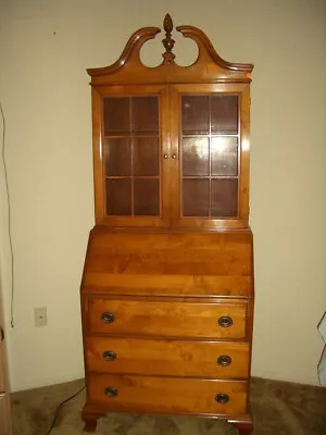 Drop Front Secretary Desk Display Cabinet China Hutch Solid Maple Brass 1970's • $300