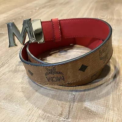 MCM Belt Reversible Brown Red Monogram Logo Print Gold Metal Women’s AUTHENTIC • $139.99