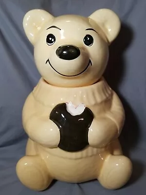 Metlox Ceramic Cookie Jar Teddy Bear Holding Cookie Vintage Cream Sweater • $25