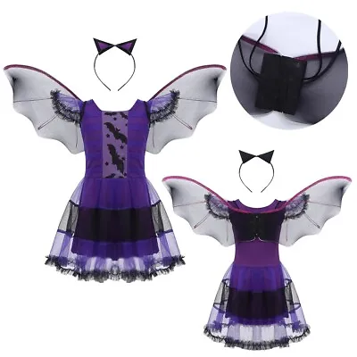 Vampire Bat Costume Fancy Dress With Wings Headband For Girls Halloween Costume • £11.03