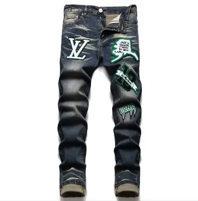 Mens Retro Blue Badge Decor Denim Jeans Straight Leg Hip Hop Pants Trousers Punk • $53