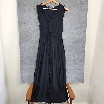 Sussan Dress Size 12 Black Maxi Sleeveless Ruffle Front Viscose Long Stretchy • $28