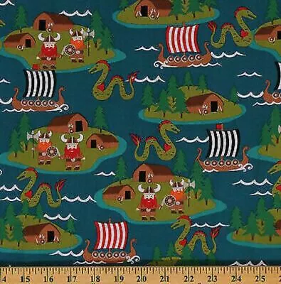 Cotton Vikings Pirates Dragons Monsters Ocean Fabric Print By The Yard D462.16 • $15.95